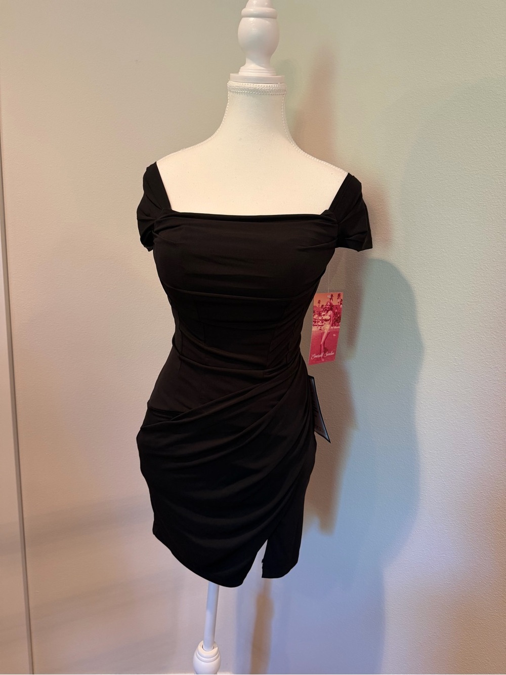 Emerald Sundae Black Off-Shoulder Ruched Mini Dress